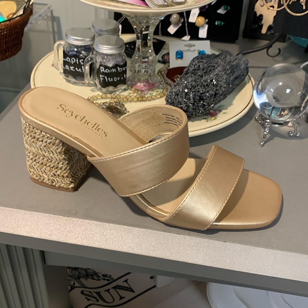 Seychelles Los Angeles gold Charlie leather sandals double band raffia heel